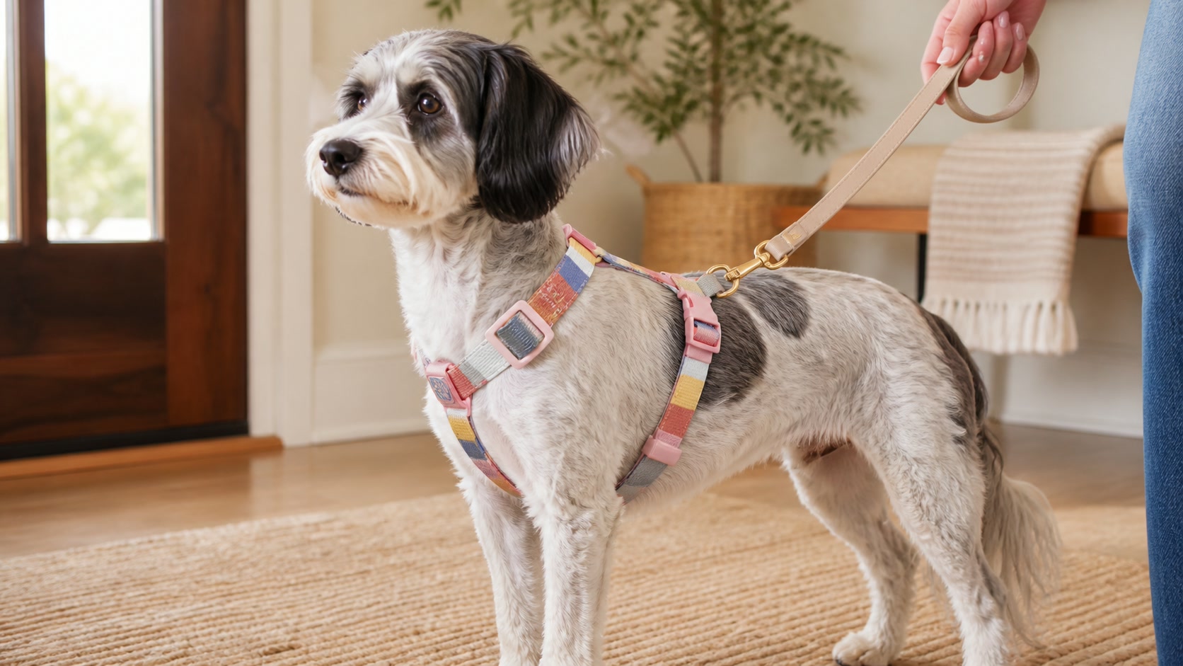 Small dog wearing a pastel Morandi harness correctly fitted in a home entryway before a walk