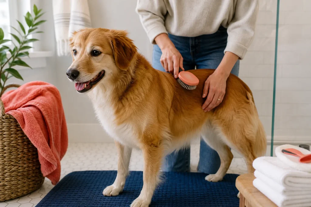 Relaxed dog being gently brushed during an at-home grooming session