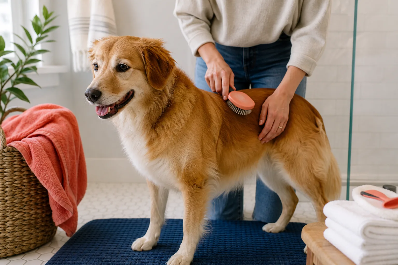 Relaxed dog being gently brushed during an at-home grooming session