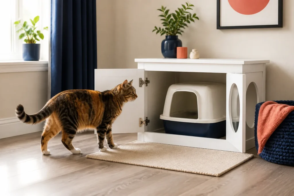 Cat calmly inspecting a clean litter box area in a quiet home corner