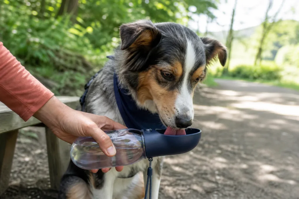 Dog drinking clean water from a portable bottle during a shaded trail break