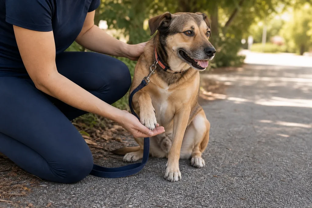 Owner gently checking a dog paw in the shade beside a walking path