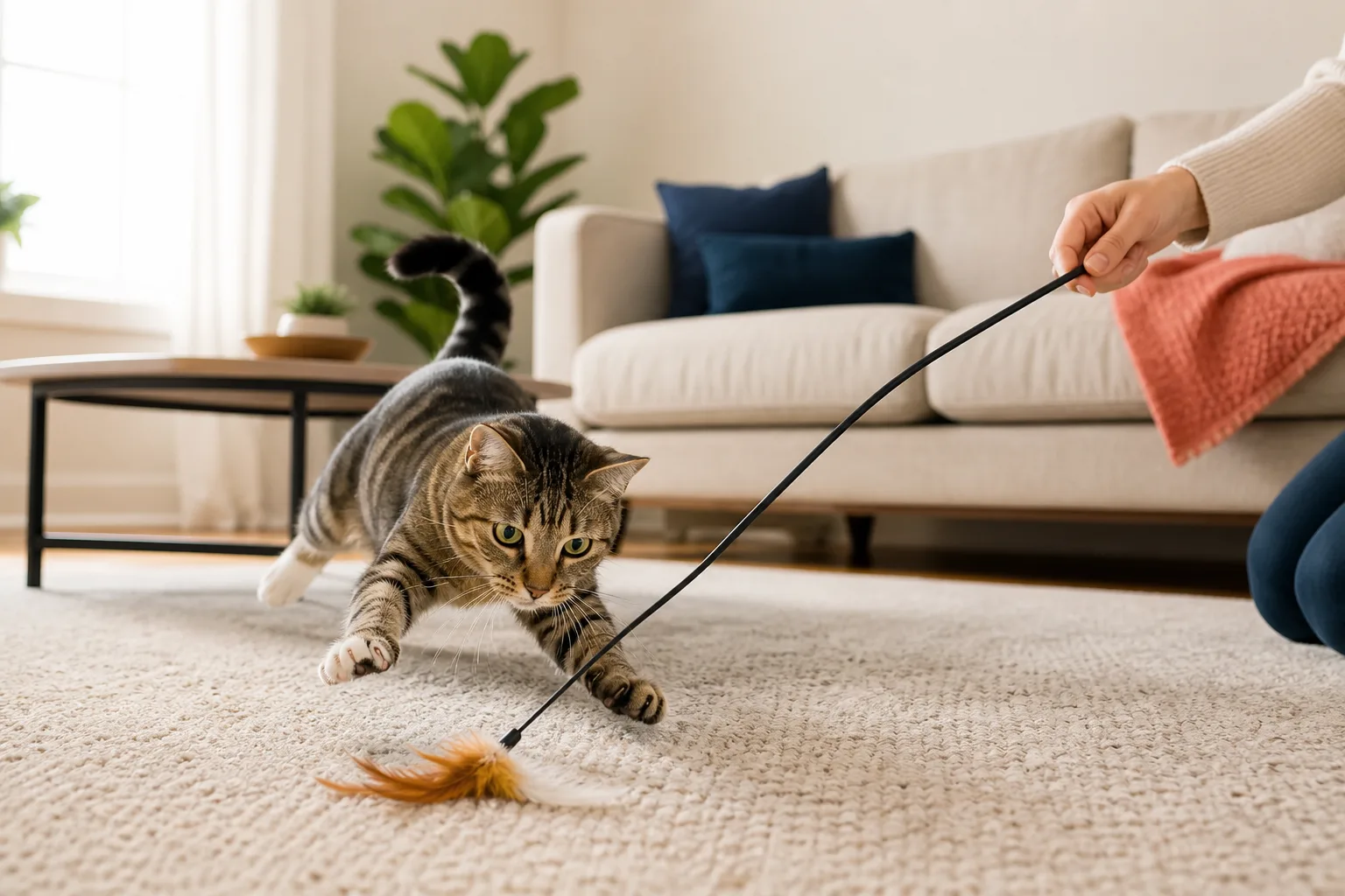 Indoor cat engaged in supervised interactive wand play