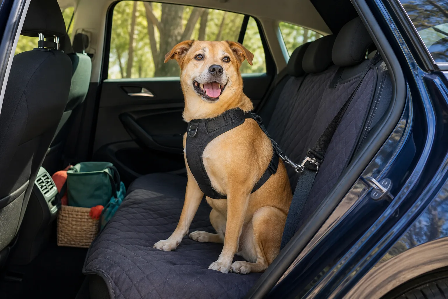Dog secured with a harness on a protected car back seat