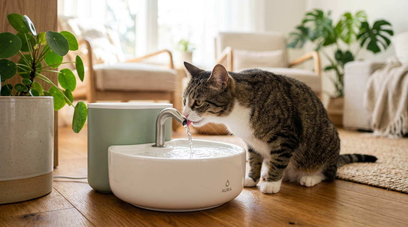 Domestic shorthair cat drinking fresh flowing water from an ultra-quiet pet water fountain