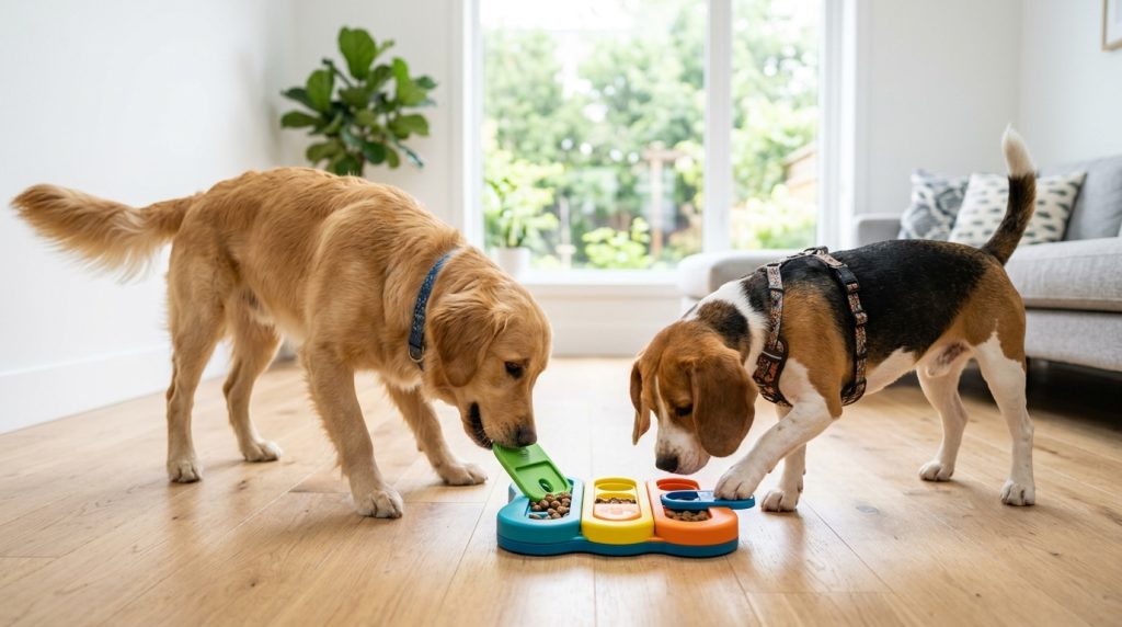 Two dogs discovering treats in an interactive puzzle slow feeder bowl in a bright modern home