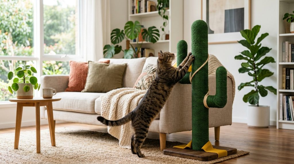 Domestic cat scratching a durable cactus sisal scratching post beside a living room couch