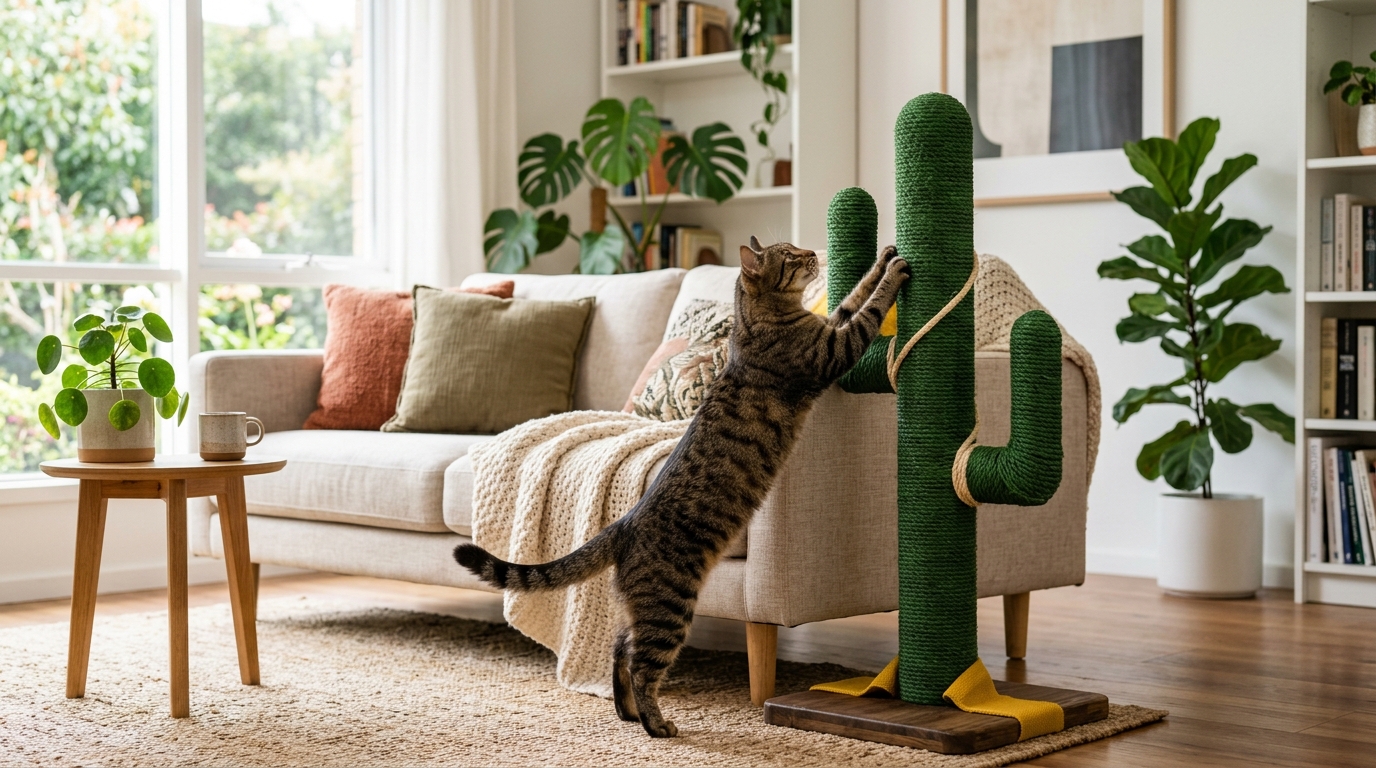 Domestic cat scratching a durable cactus sisal scratching post beside a living room couch