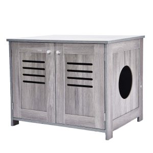 2 in 1 Cat Litter Box Enclosure Antique Grey Double Door Litter Box Furniture