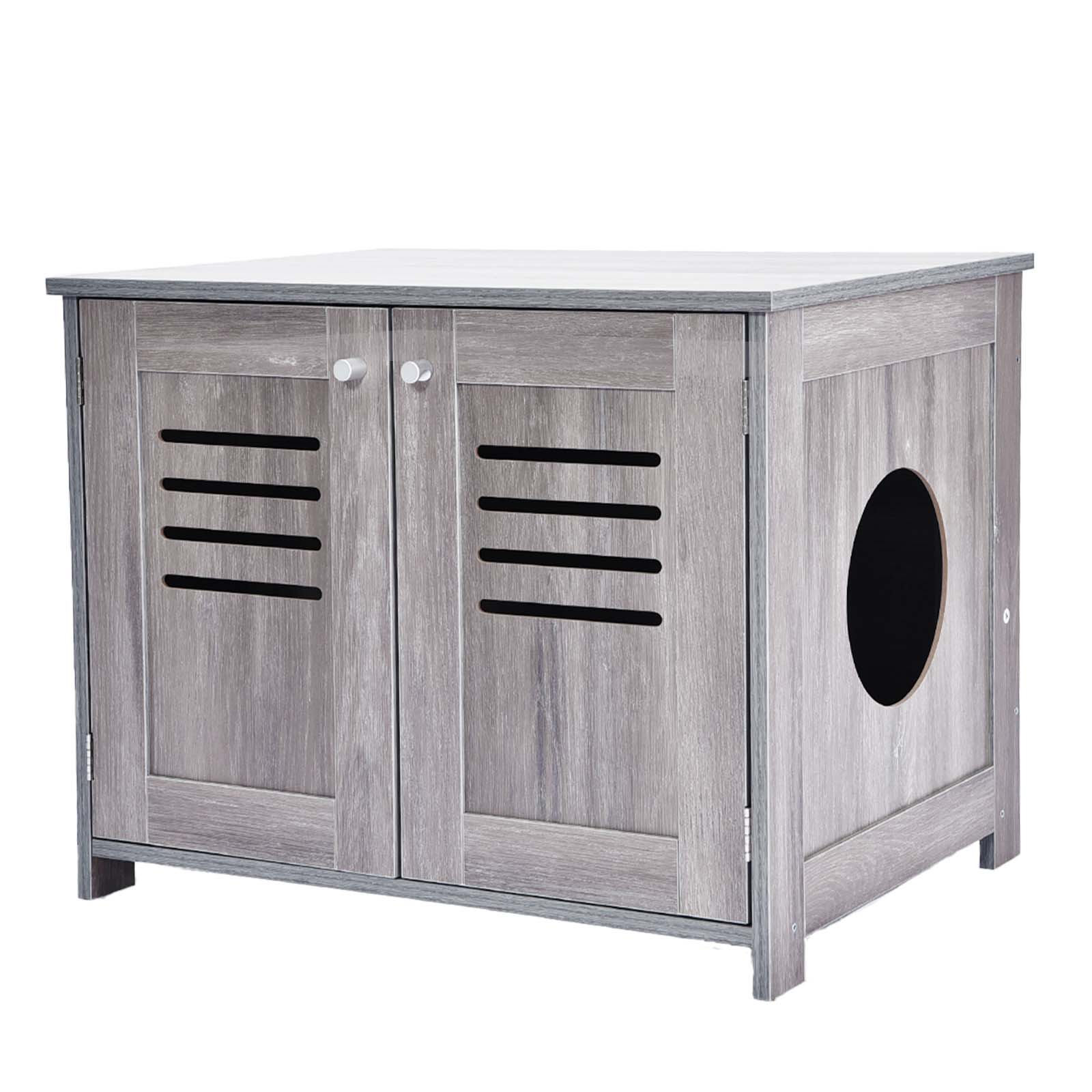 2 in 1 Cat Litter Box Enclosure Antique Grey Double Door Litter Box Furniture