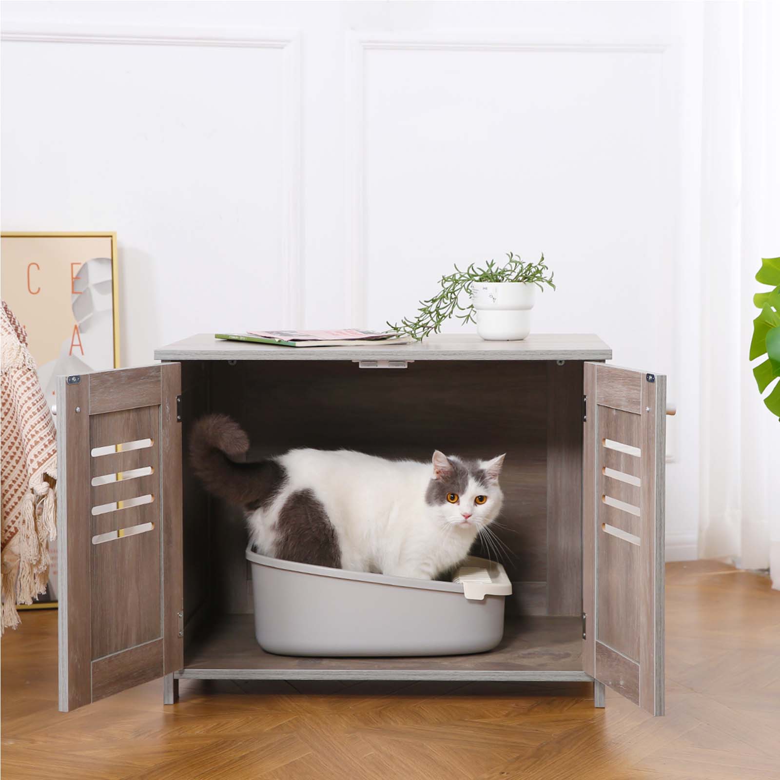2 in 1 Cat Litter Box Enclosure Antique Grey Double Door Litter Box Furniture