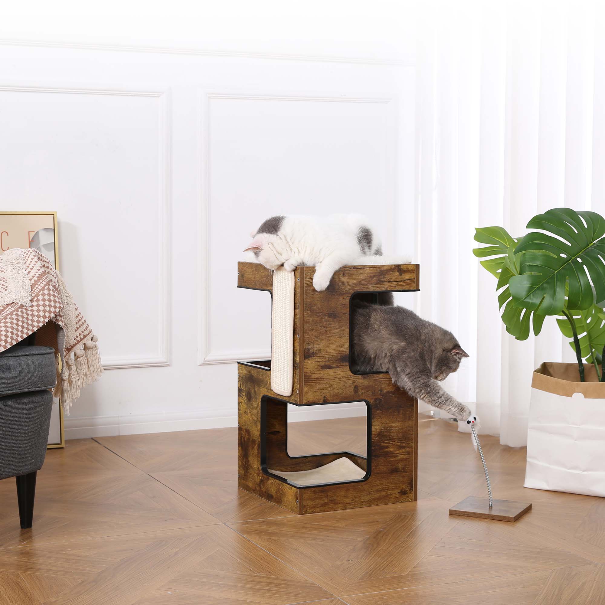 3 in 1 Wooden Cat Condo with Nightstand Function (Brown)