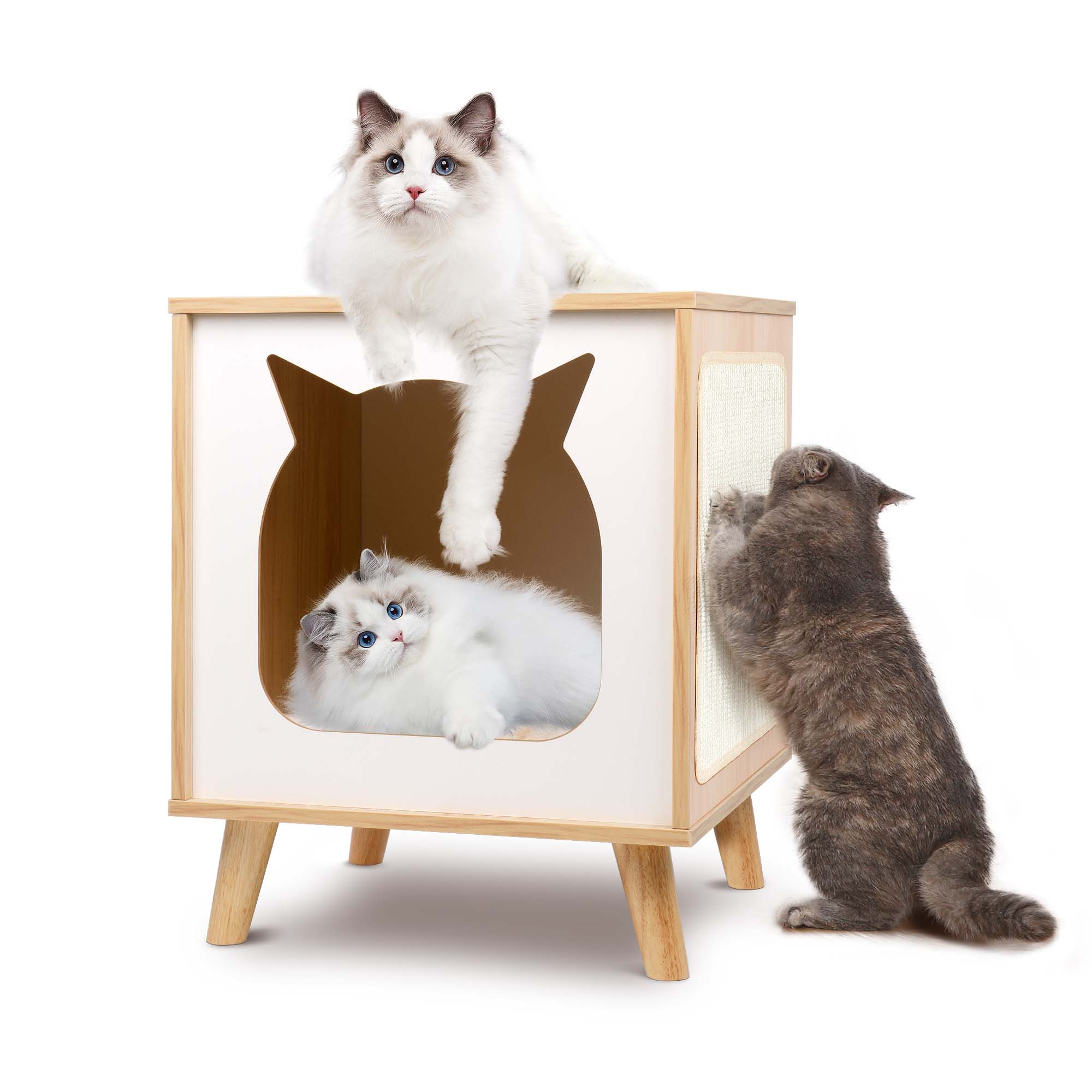 Modern Cat House TV Shaped with Nightstand Function Furniture and Cat's House with Scratch Board (Natural Wood Color)