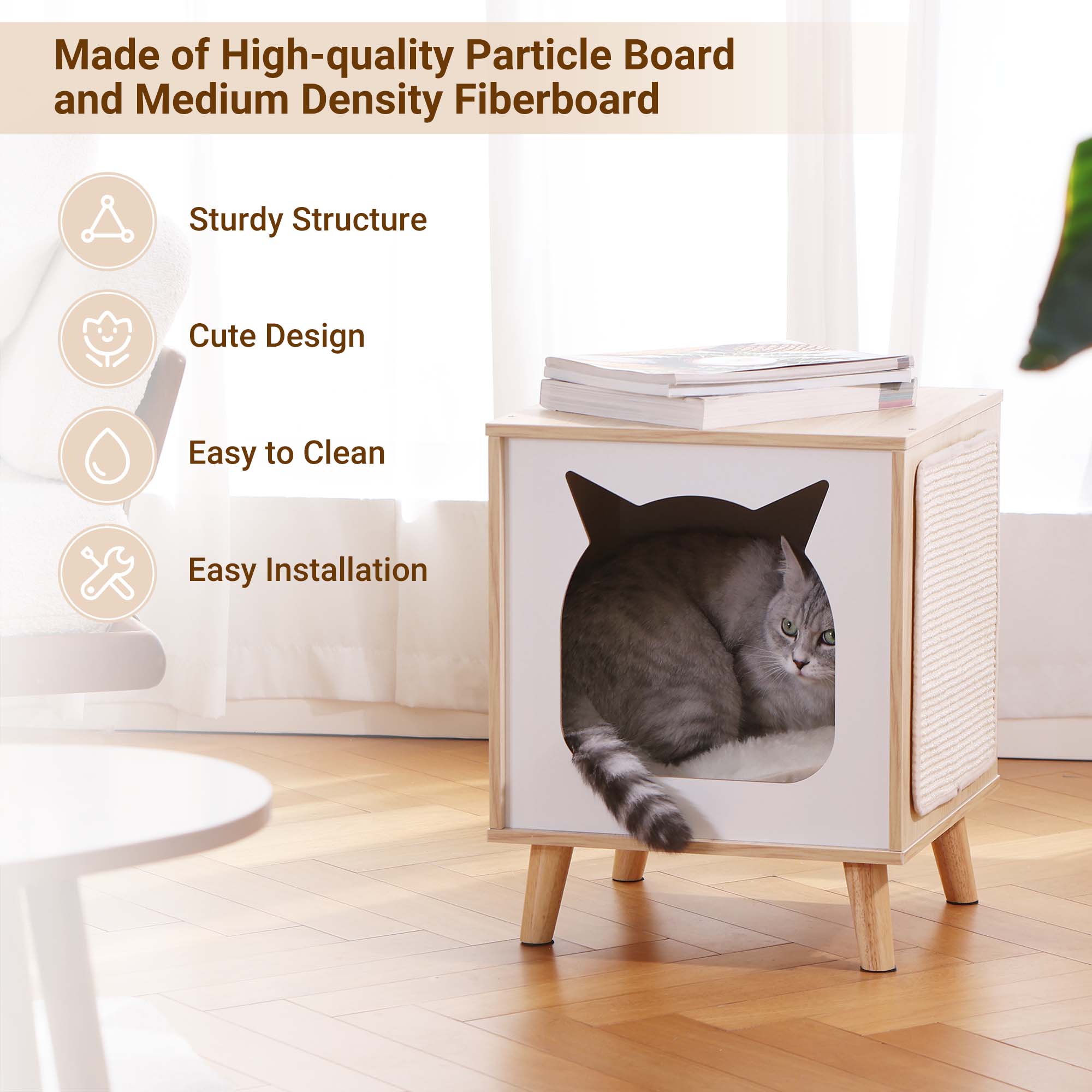 Modern Cat House TV Shaped with Nightstand Function Furniture and Cat's House with Scratch Board (Natural Wood Color)
