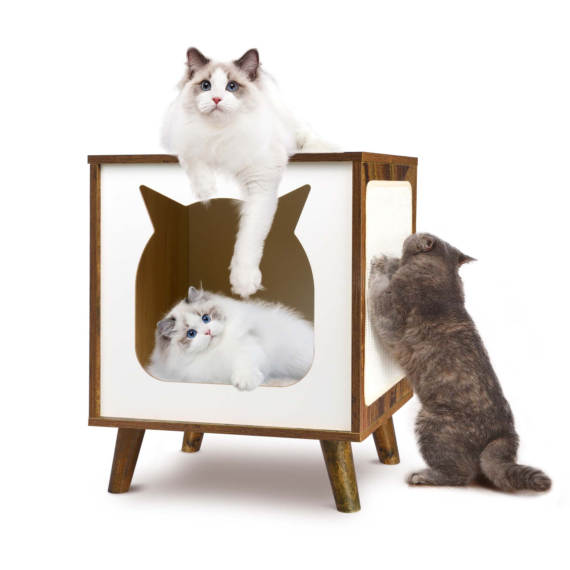 Modern Cat House TV Shaped with Nightstand Function with Scratch Board (Brown)