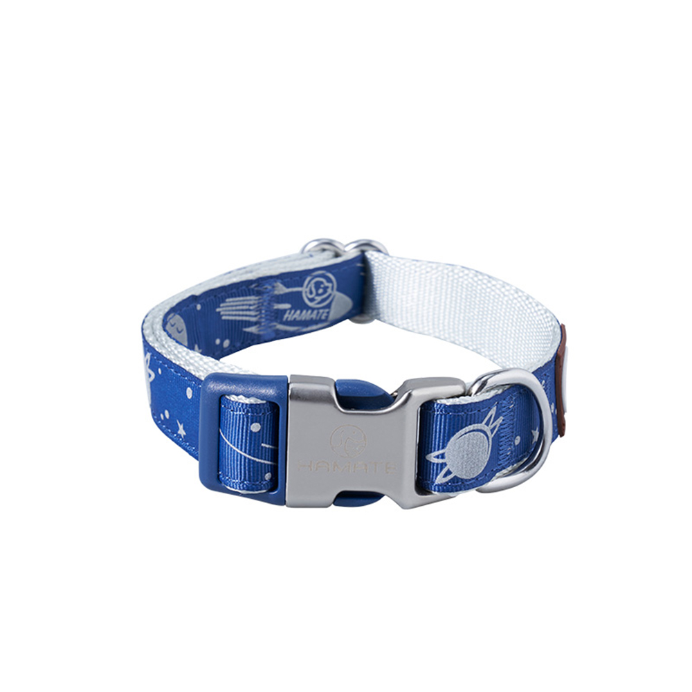 Blue Galaxy Pattern Space Themed Reflective Coating Adjustable Nylon Dog Collar (Size Medium, Neck Girth 10.6" - 15.8", Width 0.75")