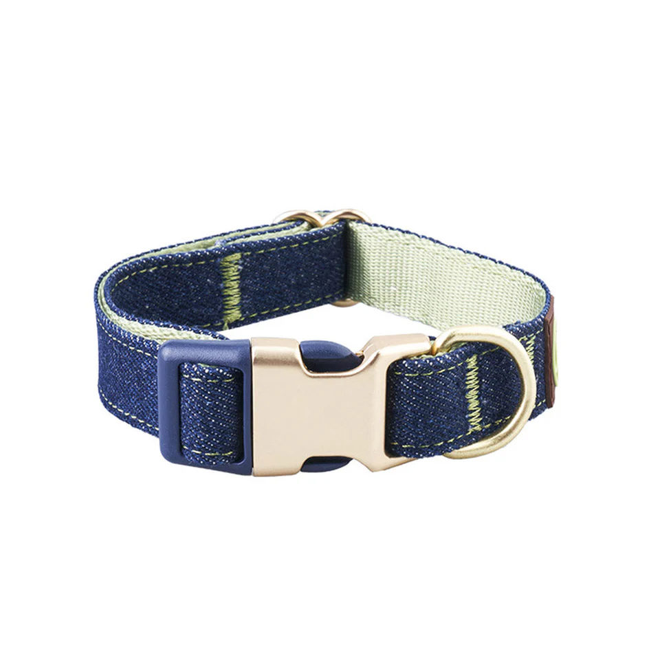 Denim Adjustable Dog Collar with Green Stitching and Nylon Inner Side (Size Small, Neck Girth 8.7" - 13.4", Width 0.6")