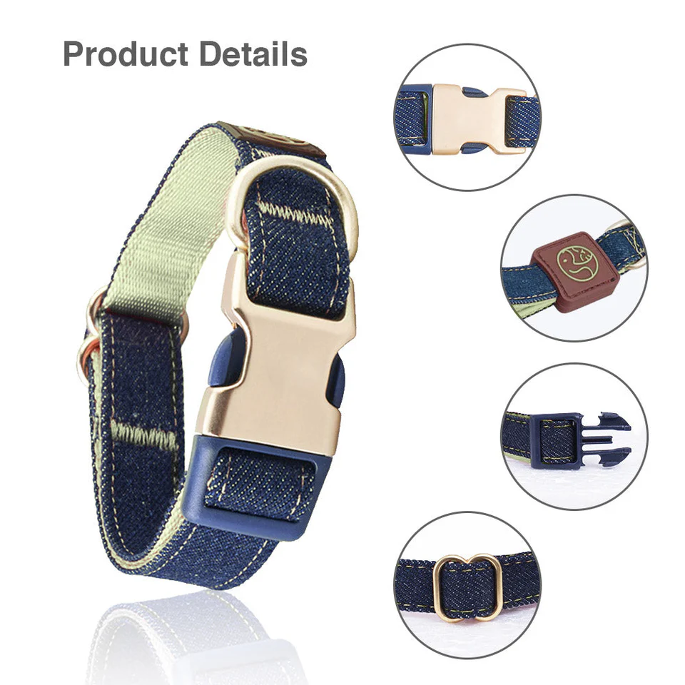 Denim Adjustable Dog Collar with Green Stitching and Nylon Inner Side (Size Small, Neck Girth 8.7" - 13.4", Width 0.6")