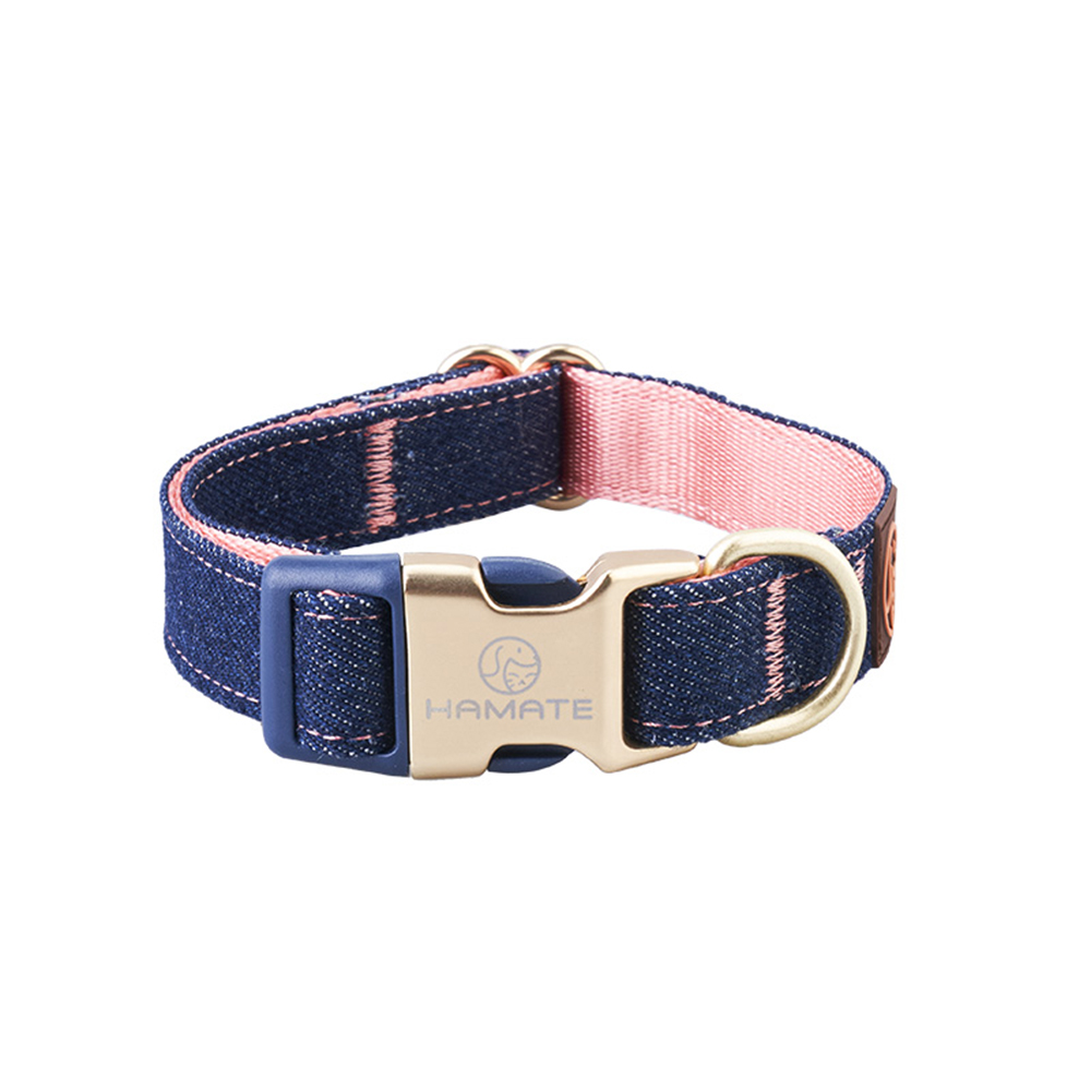 Denim Adjustable Dog Collar Pink Stitching and Nylon Inner Side