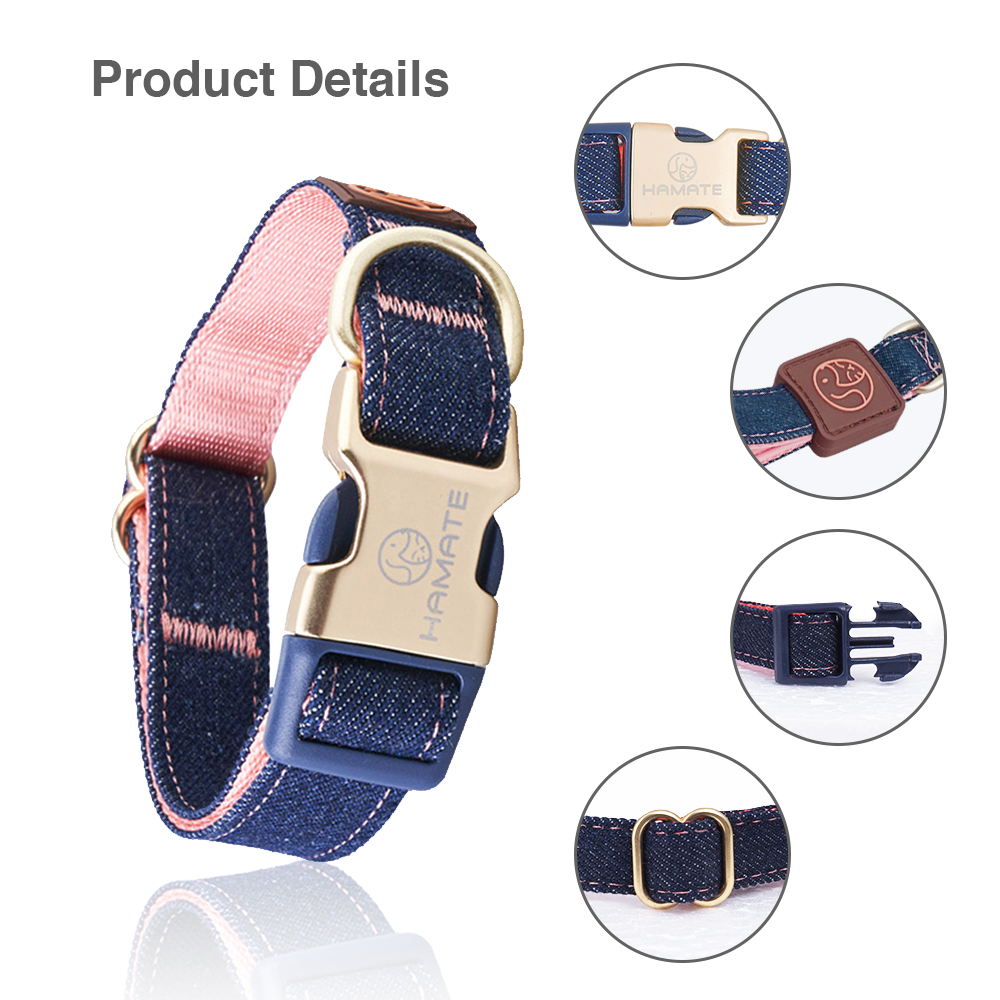 Denim Adjustable Dog Collar Pink Stitching and Nylon Inner Side