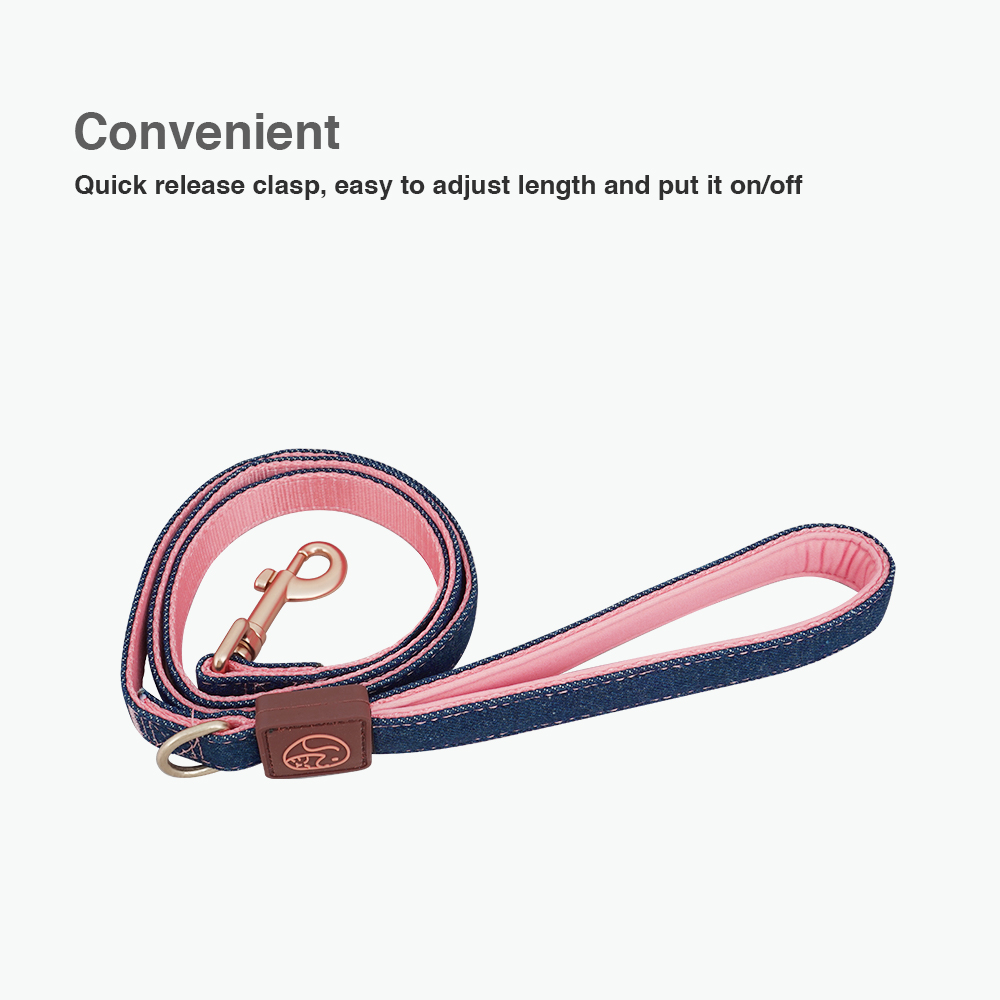 Denim Dog Leash Pink Stitching and Nylon Inner Side
