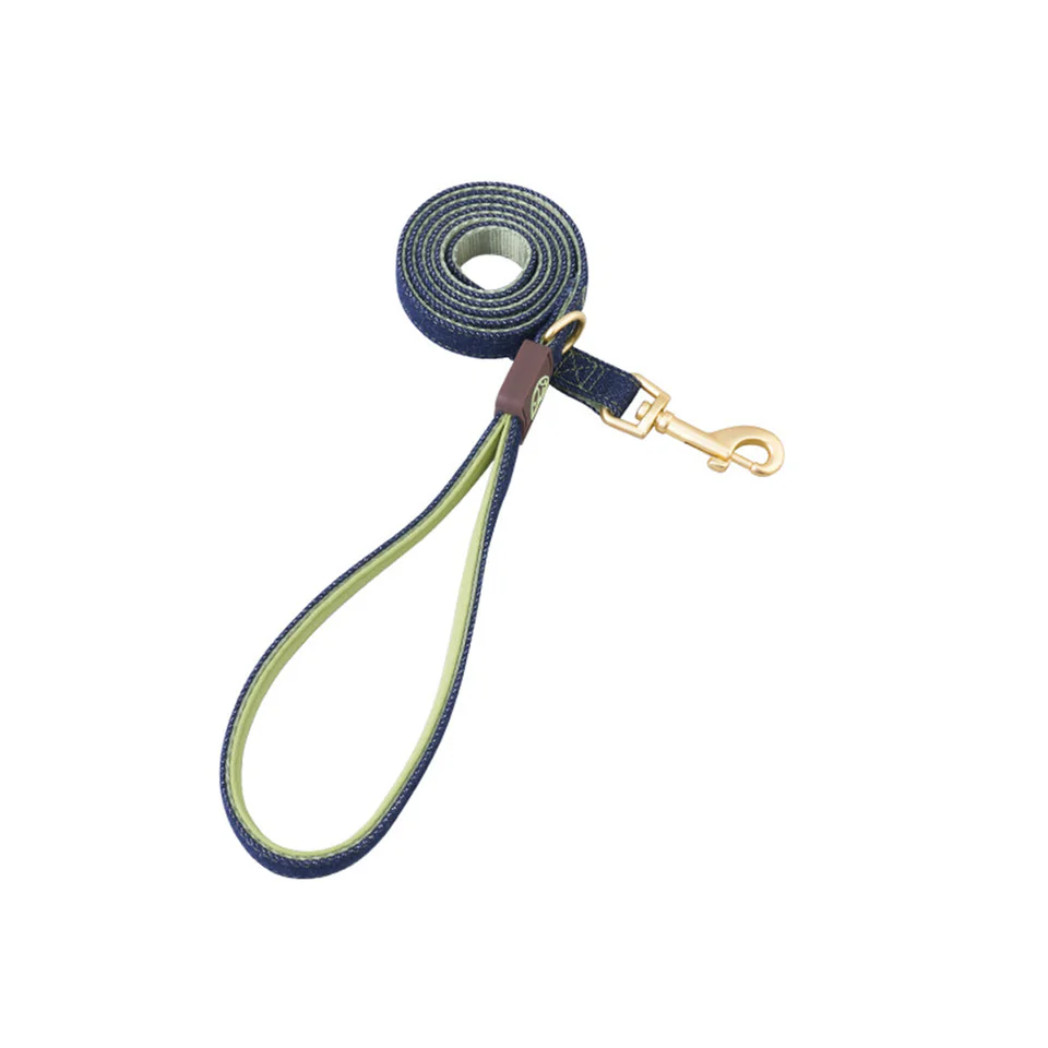 Denim Dog Leash with Green Stitching and Nylon Inner Side