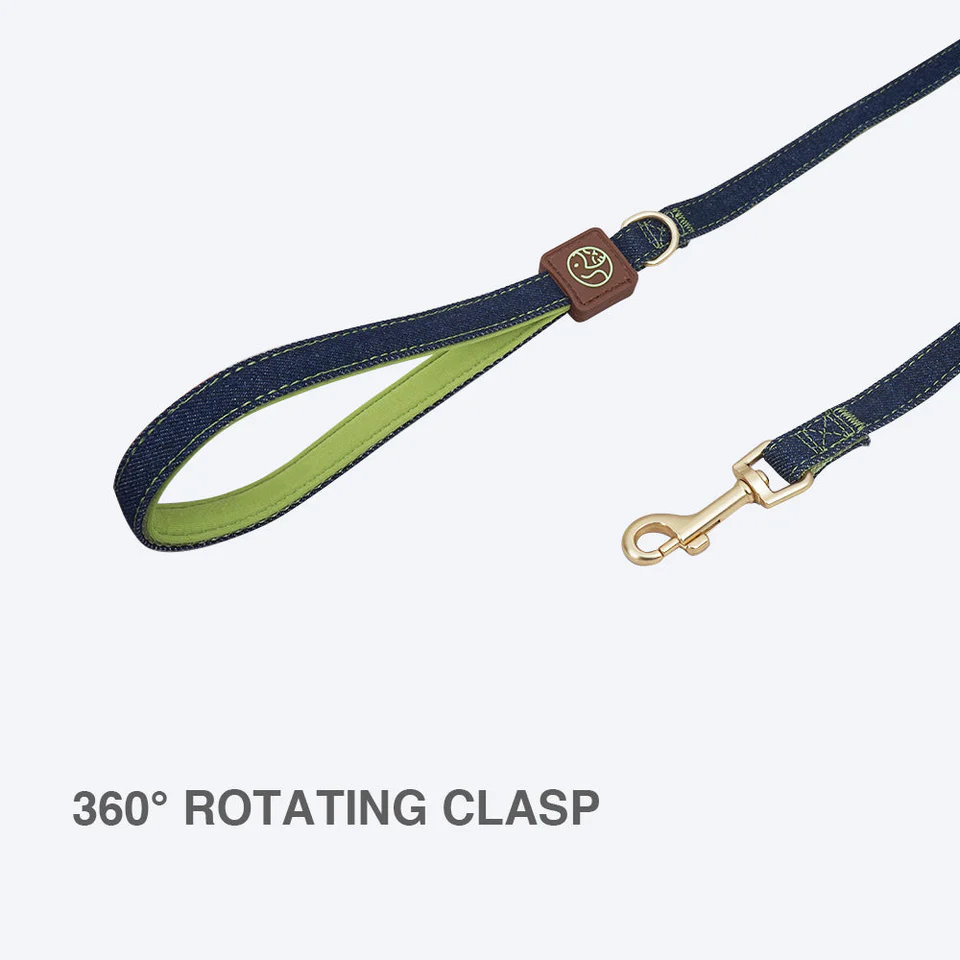 Denim Dog Leash with Green Stitching and Nylon Inner Side